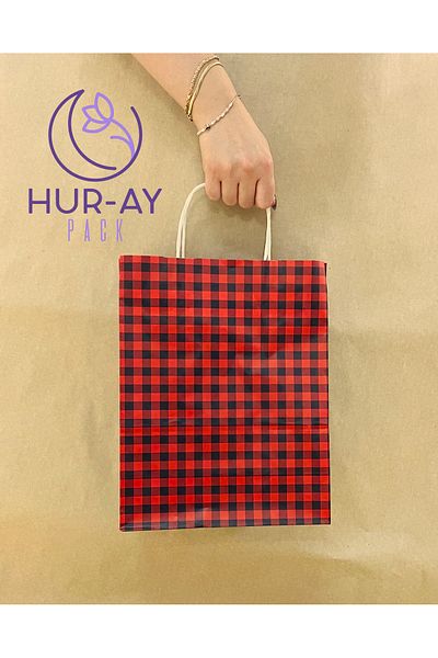 HUR-AY PACK Special Production - Red Gift Paper / Cardboard Bag / 25X31 cm / Plaid Pattern / 6 Pieces