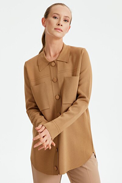 Tığ Triko Cep Detaylı Polo Yakalı Rayon Triko Hırka CAMEL