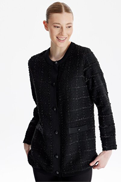 Genel Markalar Sıfır Yaka Önden Düğmeli Tuvid Dokuma Hırka SİYAH