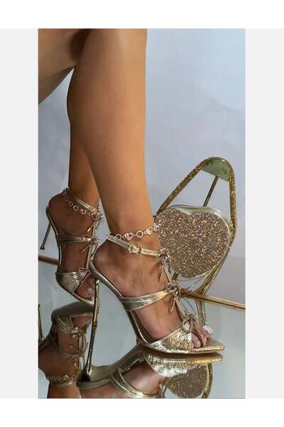 Giydim Gidiyor Φιόγκος με Κρυστάλλινες Πέτρες Παπούτσι με τακούνι Χρυσό