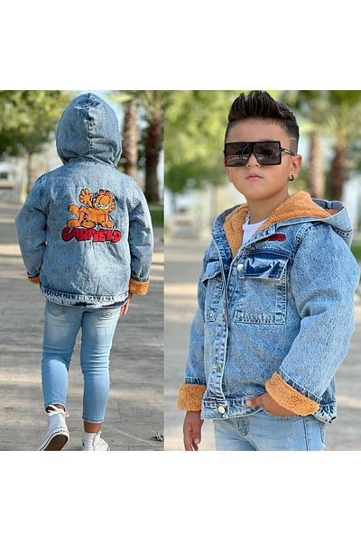 BERFONZO KIDS Men's Hooded Garfield Embroidery Detail Welsoft Jeans Coat Jacket