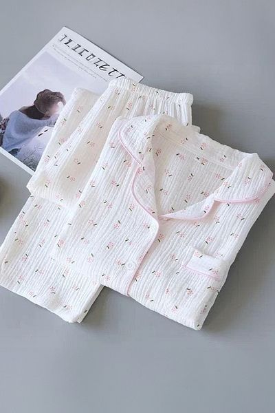 PEMBİŞ HOMEWEAR Beatiful Crinkle Pink Flower Knitted Special Fabric Pajama Set