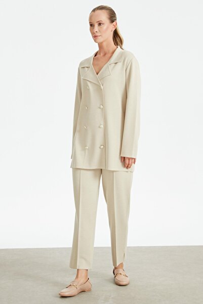 Tığ Triko Kruvaze Ceket Pantolon Triko Takım BEJ