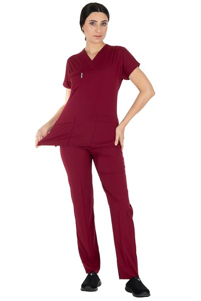 Alsancak Üniforma Claret Red Lycra Tesatura Subtire Scrubs Doctor Asistenta Jersey Maneca Liliac Costum Chirurgical