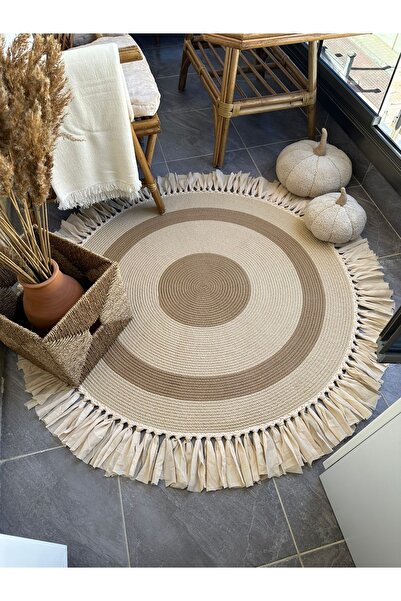 Halımax Milda 26 Jüt Hasır Örgü Bohem Çift Taraflı Kilim Dekoratif Yuvarlak Püsküllü Jüt Halı