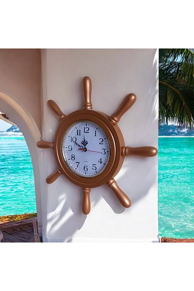 Bahat Copper Colored Wooden Sailor Helm Wall Living Room Office Clock Diameter 38 cm