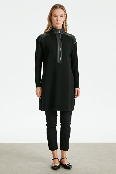 Tığ Triko Deri Yarım Patlı Triko Tunik SİYAH