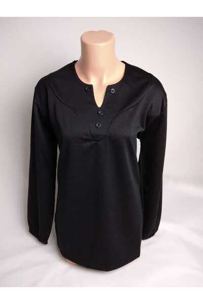 YAŞAR TRİKO Γυναικείο μπλουζάκι μπλούζα με μαύρο αχλάδι με τέσσερα κουμπιά μακρυμάνικο με λάστιχο στον αστράγαλο