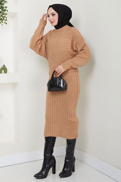 hafsamina Camel Colored Knitted Patterned Gilet Blouse and Knitwear Set - Hm2559