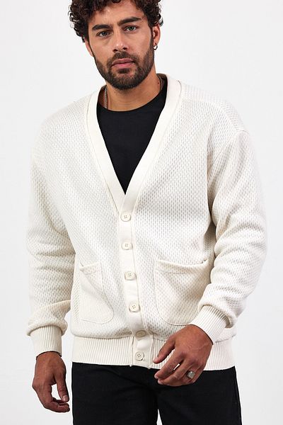 MADZEYMODA Ανδρική πλεκτή ζακέτα εκρού με κουμπιά New Season Mz89918