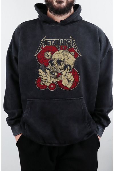 Fuddy Moda Φούτερ Metallica Unisex Oversize - Ρετρό φούτερ με κουκούλα και πλένεται, με στάμπα ροκ μπάντας
