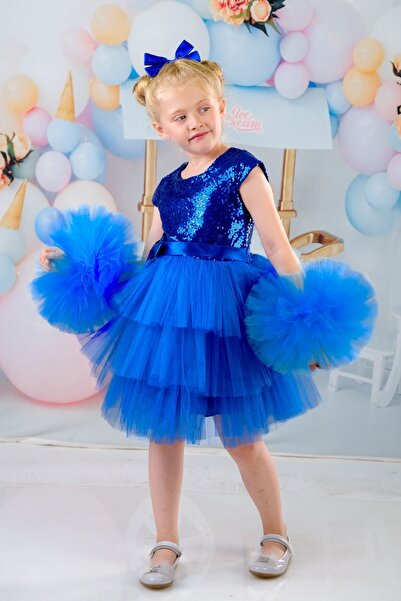 Mixie Kız Çocuk Saks Mavi Tokalı Ponpon Kollu Abiye Parti Doğumgünü Elbisesi