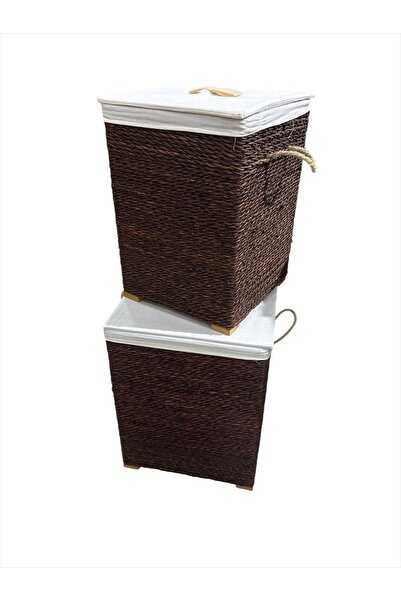 SepetçiBaba Ahşap hasır ÖRgü Çamaşır Sepeti 2 Adet Kahverengi - B122