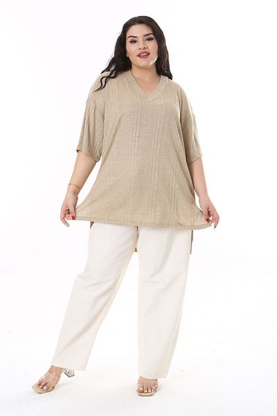 Şans Mink Knitwear Large Size Striped Long Back Blouse - 65n38213