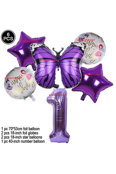 DÜVENCİ TİCARET Purple Butterfly Purple Figure Foil Ballon Set