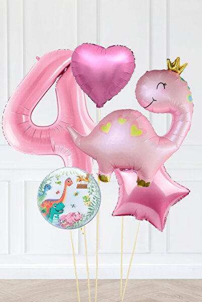 PEKSHOP Pembe Dinazor Balonlu Kız Doğum Günü Balon Süsleme Seti Bannerlı Büyü...