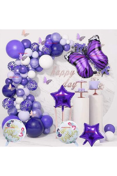 DÜVENCİ TİCARET MOR KELEBEKLİ FOLYO BALON ZİNCİR SET