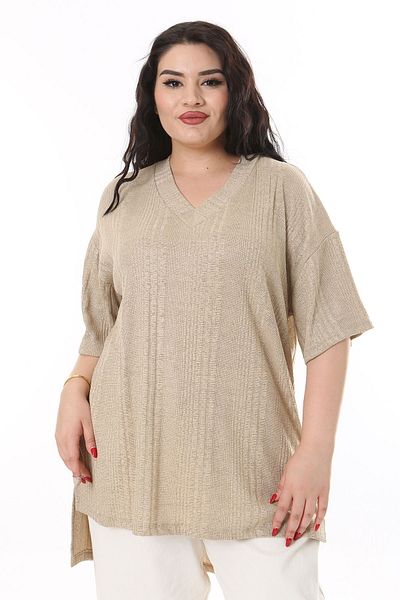 Şans Mink Knitwear Large Size Striped Long Back Blouse - 65n38213