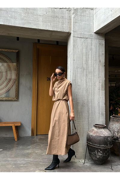 minaaise Γυναικεία Camel Waist Elastic Lined Parachute Fabric Balloon φούστα 28068