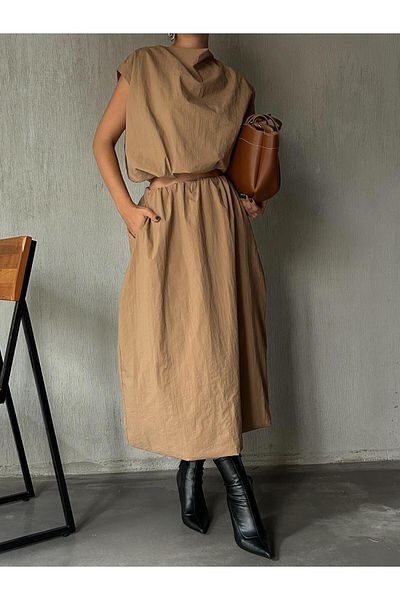 minaaise Γυναικεία Camel Waist Elastic Lined Parachute Fabric Balloon φούστα 28068