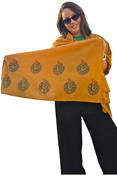 leillART Cotton Orange Peacock Patterned Shawl Scarf