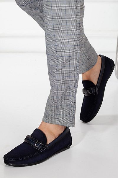 Dilimler Ayakkabı Navy Blue Men's Loafer - Genuine Leather, Nubuck Buckle