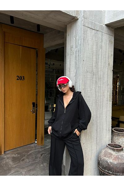 minaaise Hanorac negru oversize unisex cu glugă - cu fermoar 28178