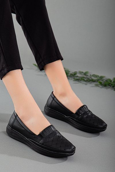Dilimler Ayakkabı Genuine Leather Embroidery Detailed Black Large Size Women's Shoes Daily