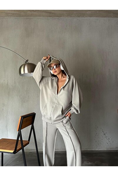 minaaise سويت شيرت نسائي رمادي بسحاب وغطاء للرأس للجنسين مقاس كبير غير مرتفع ...