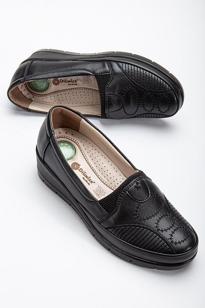 Dilimler Ayakkabı Genuine Leather Embroidery Detailed Skin Black Large Size Women's Shoes Daily