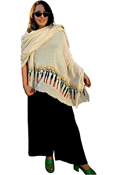leillART Cream Color Patterned Handmade Cotton Organic Fabric Shawl Scarf