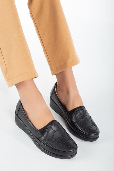 Dilimler Ayakkabı Genuine Leather Embroidery Detailed Skin Black Large Size Women's Shoes Daily