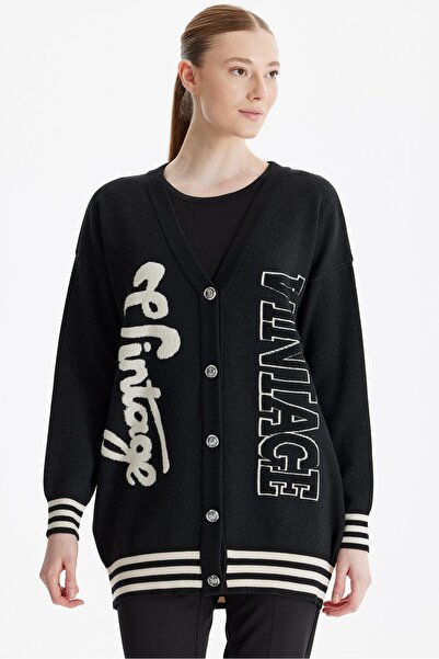 Tığ Triko Kabartma Yazılı Triko  Hırka SİYAH-BEJ