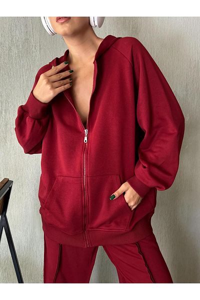 minaaise Hanorac oversize unisex cu glugă roșu Claret - cu fermoar, fără șardon 28178
