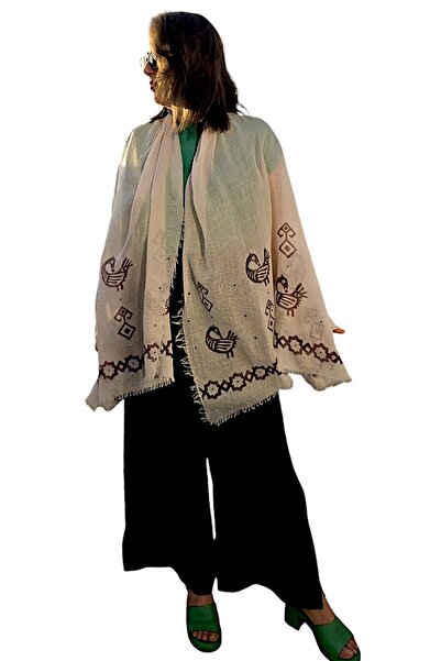 leillART Krem rengi Geleneksel Desenli El Yapımı Bambu Kumaş Şal Eşarp