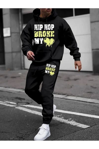 WOODROFFE Σετ ανδρική φόρμα Hip Hop Printed - Μαύρο Γκρι, Φούτσα, Oversize Boyfirend