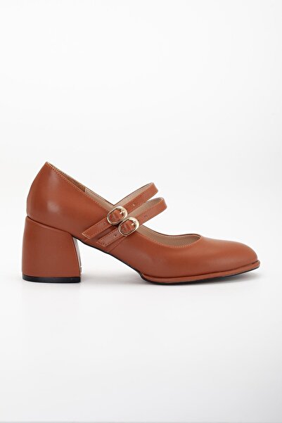 Dilimler Ayakkabı Tan Women's Thick Heeled Casual Shoes - Thin Strap and Platform Sole