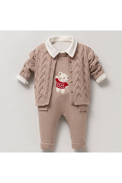 cskticaret 3-12 Months Happy Mother Baby Boy Knitted Knitwear Set - Sweatered Sheep Wool