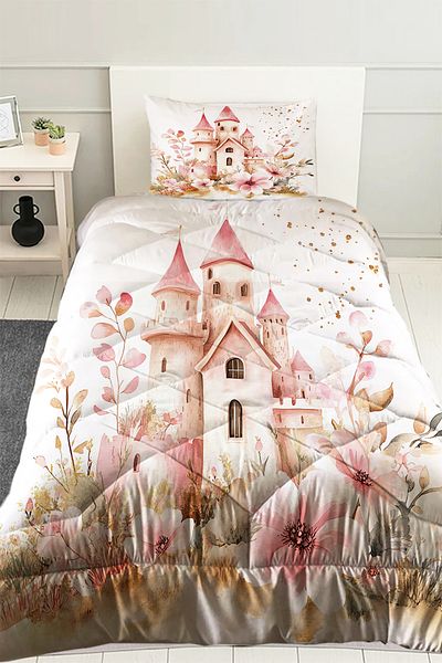 Else Dekor Pink Princess Chateau Patterned Girl's Single Quilted Quilt Pillowcase