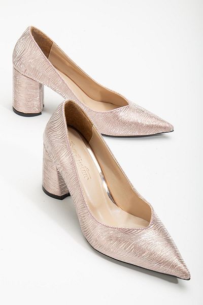Dilimler Ayakkabı Symmetrical Cut Shiny Powder Thick Heel Stiletto