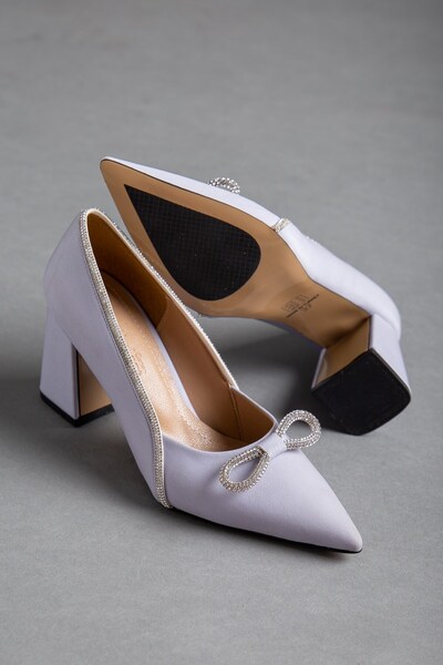 Dilimler Ayakkabı Satin Jewelled Thick Heel Gray Women's Stiletto