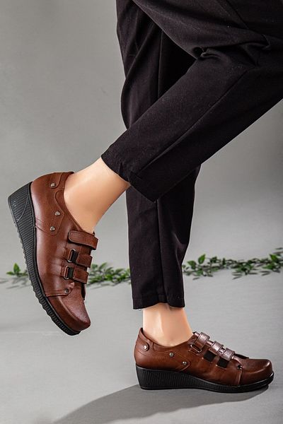 Dilimler Ayakkabı Velcro Skin Tan Women's Wedge Sole Casual Shoes