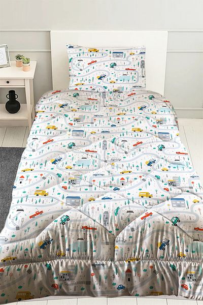Else Dekor Car Driving Traffic Patterned Boy's Single Quilted Quilt Pillow with Case