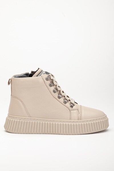 Dilimler Ayakkabı Γυναικείες μπότες από γνήσιο δέρμα με χοντρή σόλα με κορδόνια σε μπεζ χρώμα