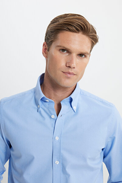 ALTINYILDIZ CLASSICS Men's Light Blue Slim Fit Slim Fit Button Collar Oxford 100% Cotton Shirt