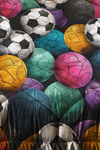 Else Dekor Colorful Balls Football Patterned Boy's Single Quilted Quilt with Pillow Case