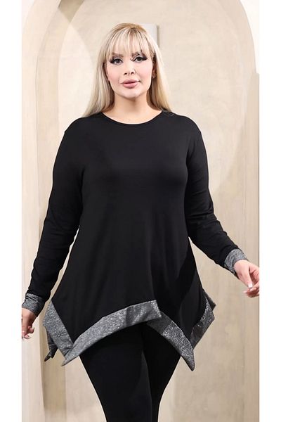 HÜLYA BUTİK Plus Size Women's Black Sleeve and Hem Glitter Long Sleeve Blouse