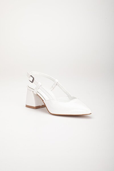 Dilimler Ayakkabı Large Size Patent Leather White Women's Heeled Shoes with Side Poles