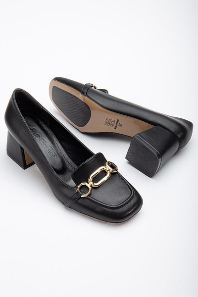 Dilimler Ayakkabı Large Small Size Blunt Toe Buckle Skin Black Women's Thick Heeled Shoes
