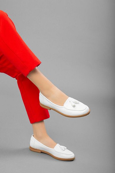 Dilimler Ayakkabı Tasseled Skin White Women's Casual Shoes
